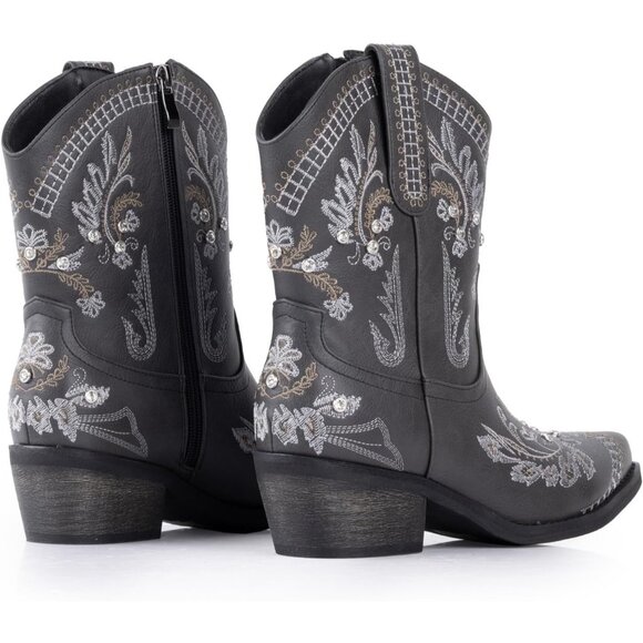 Women's Black Embroidered Side Zipper Comfortable Chunky Heel Western Boot - Picture 6 of 6